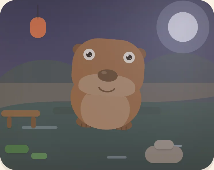 O habitat às 22h: céu índigo, lua com halo, água escura e lanterna acesa.