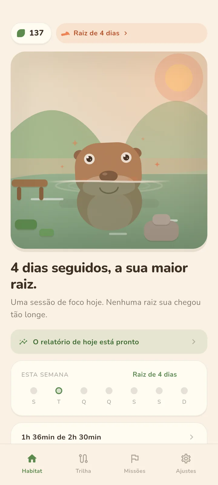 Tela inicial do Baru: a capivara nadando no lago do habitat, 137 folhas, raiz de 4 dias e a frase "4 dias seguidos, a sua maior raiz".
