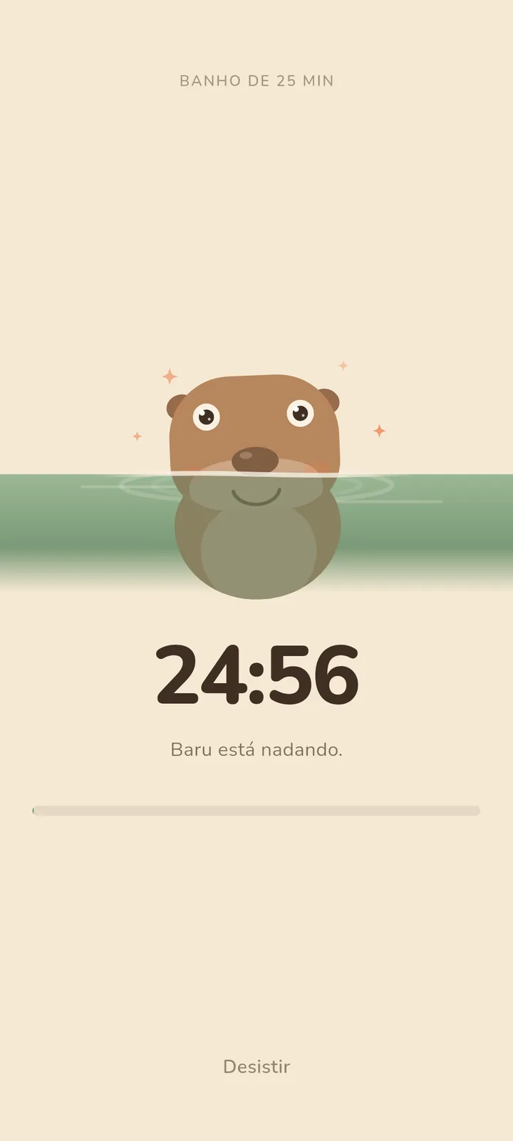 Sessão de foco de 25 minutos no Baru: contagem regressiva em 24:57, a capivara dentro d'água e a frase "Baru está nadando".