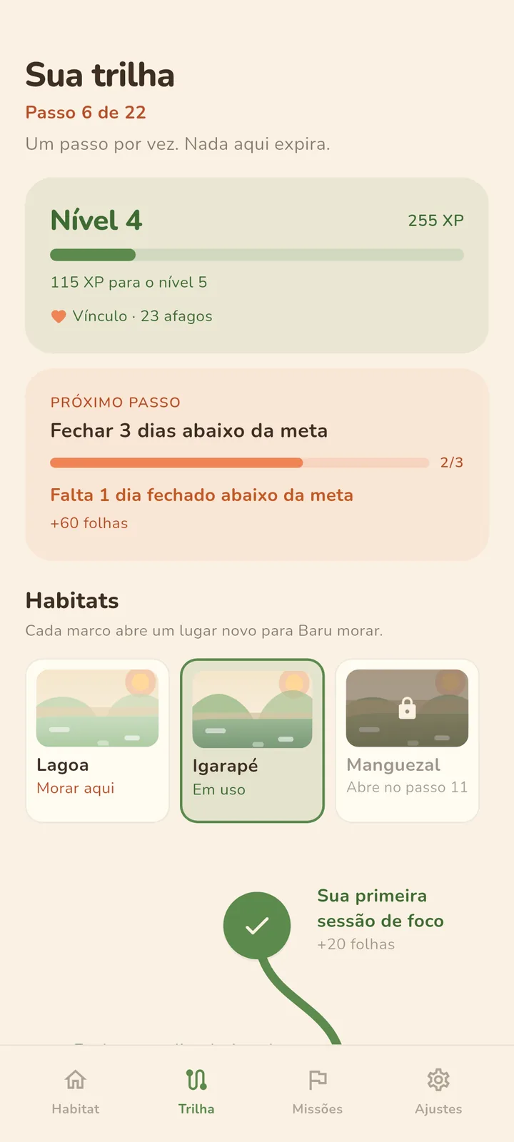 Trilha do Baru: passo 6 de 22, nível 4, o próximo passo em destaque e os habitats Lagoa, Igarapé e Manguezal.