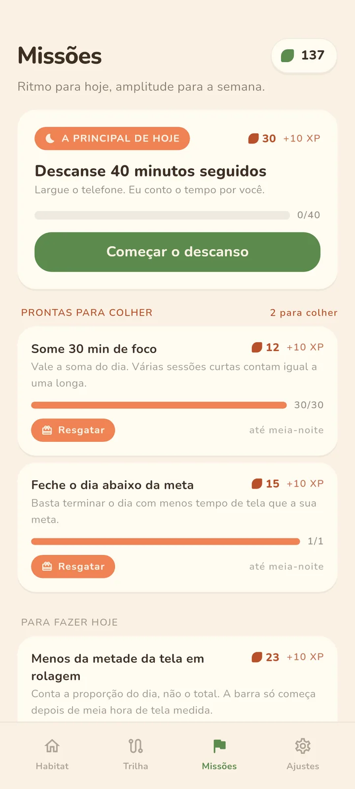 Missões do Baru: a principal do dia, descansar 40 minutos seguidos, e duas missões prontas para colher com recompensa em folhas e XP.