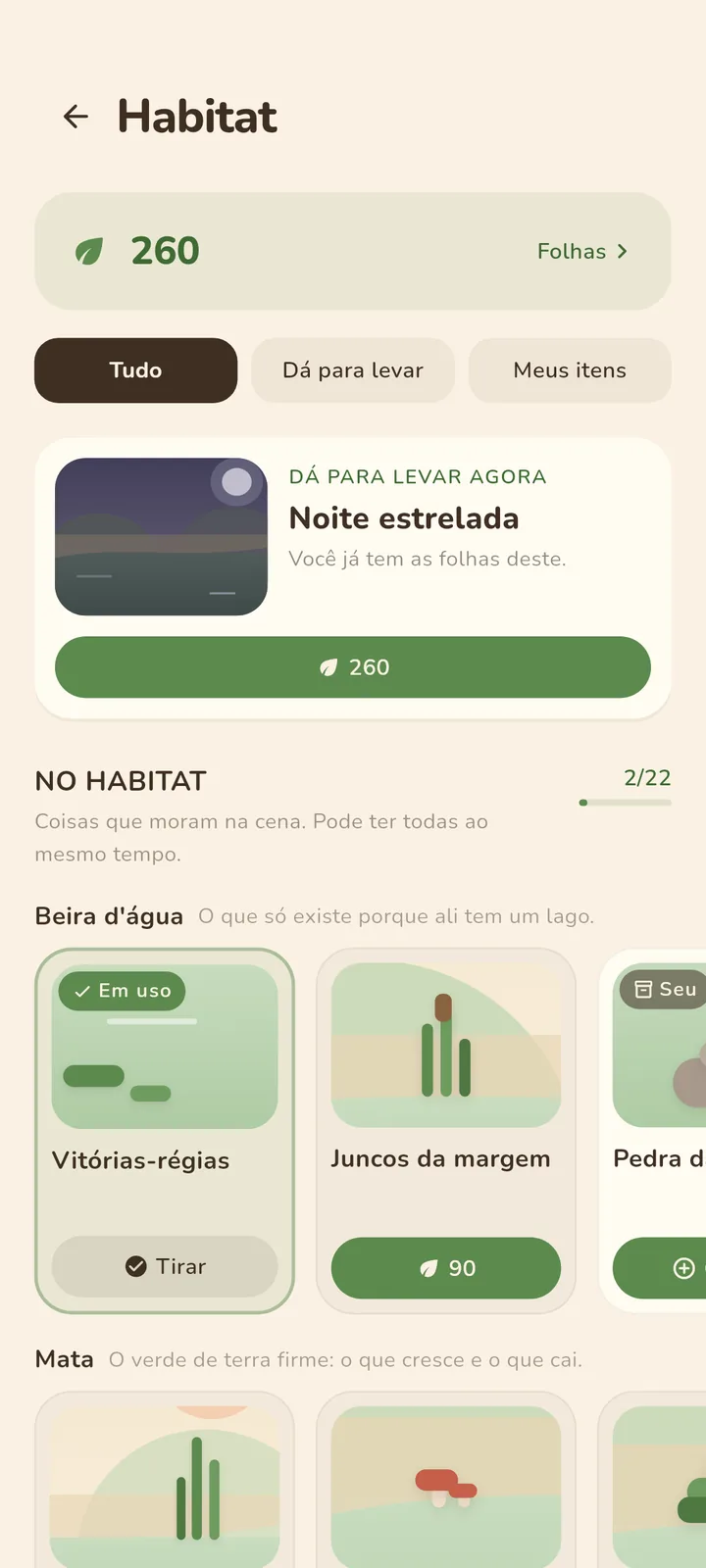 Loja do habitat no Baru: 260 folhas, o cenário Noite estrelada pronto para levar e os itens da beira d'água.