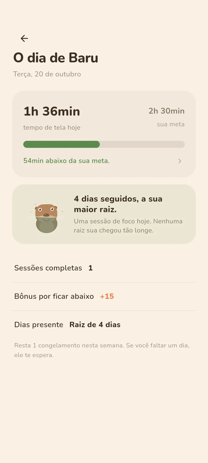 Relatório do dia no Baru: 1h 36min de tela com meta de 2h 30min, 54 minutos abaixo da meta e a fala do bicho.