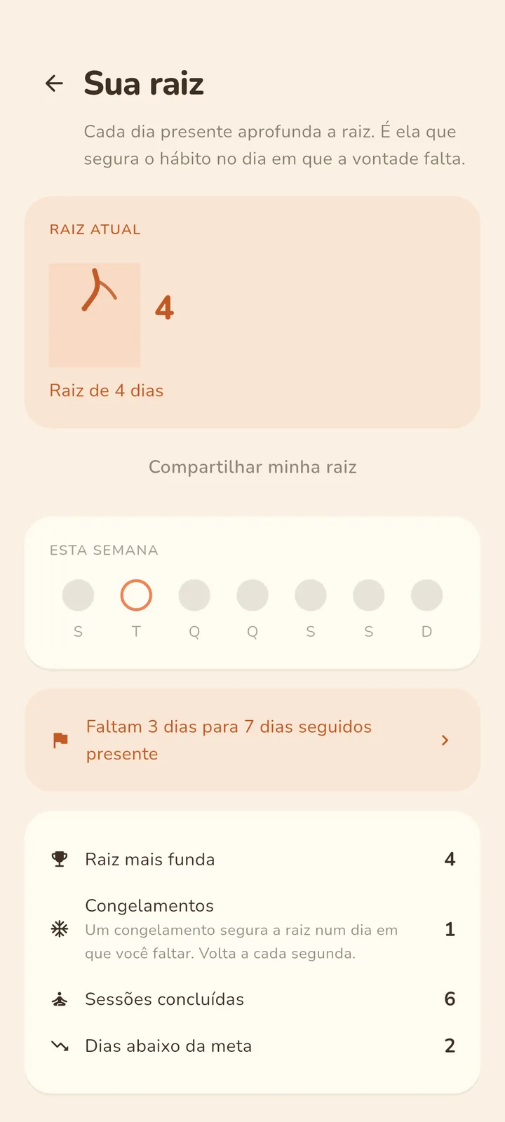 Tela Sua raiz no Baru: raiz atual de 4 dias, a semana marcada e um congelamento disponível.