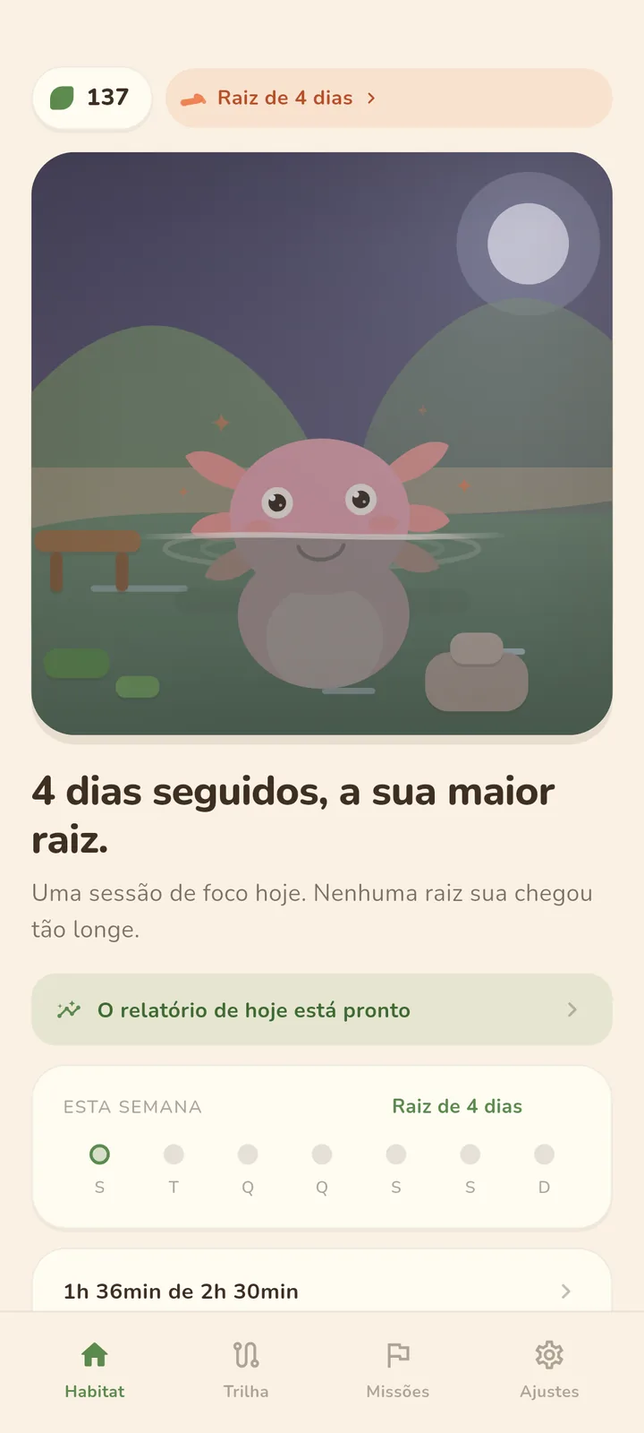 Lume, o axolote, no habitat à noite.