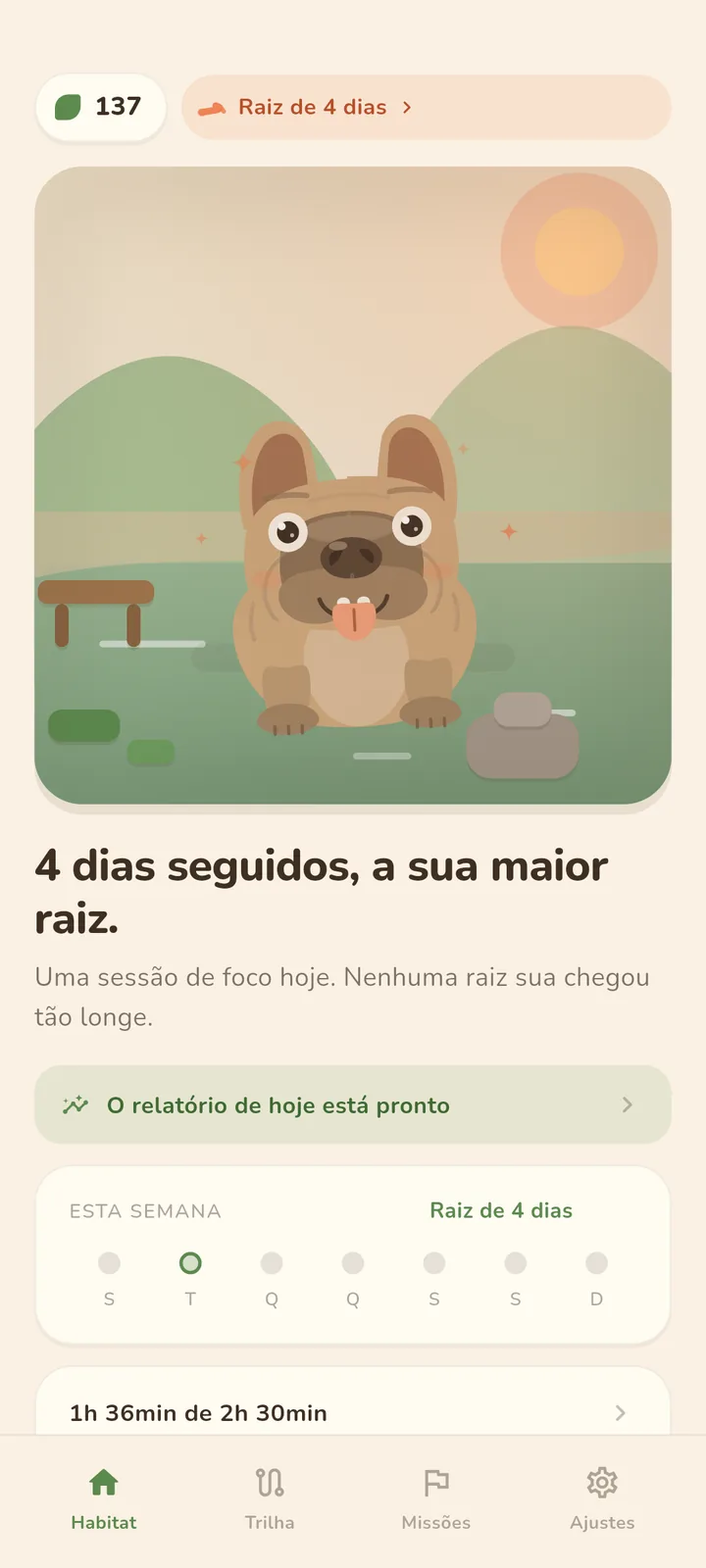 Bolota, o buldogue francês, no habitat durante o dia.