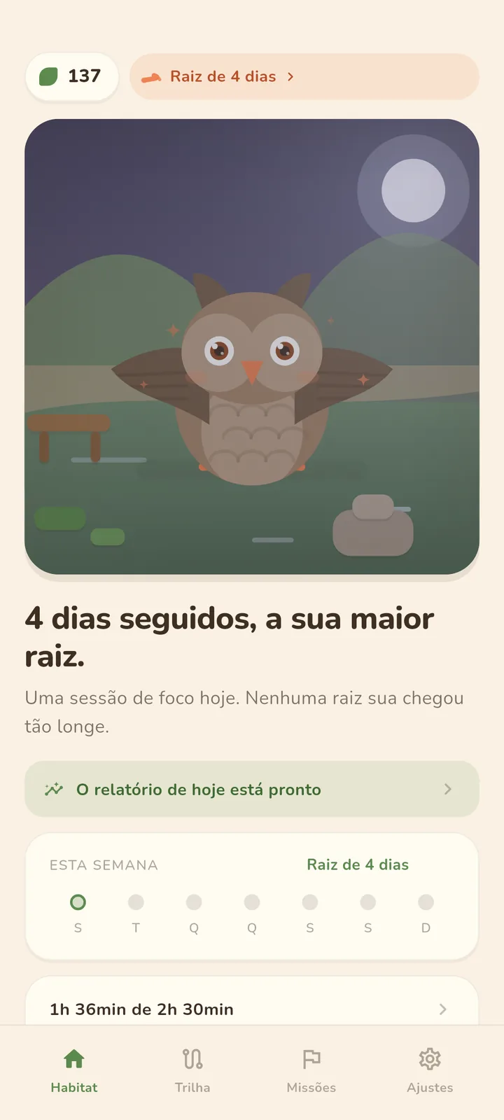 Nina, a coruja, de asas abertas no habitat à noite.