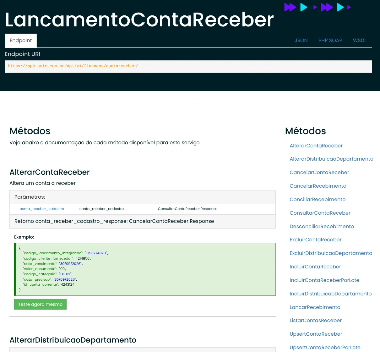 Página da API LancamentoContaReceber do Omie, com o endpoint https://app.omie.com.br/api/v1/financas/contareceber/, o método AlterarContaReceber com exemplo em JSON e, à direita, a lista de métodos, entre eles LancarRecebimento, CancelarRecebimento, ConciliarRecebimento e UpsertContaReceber.
