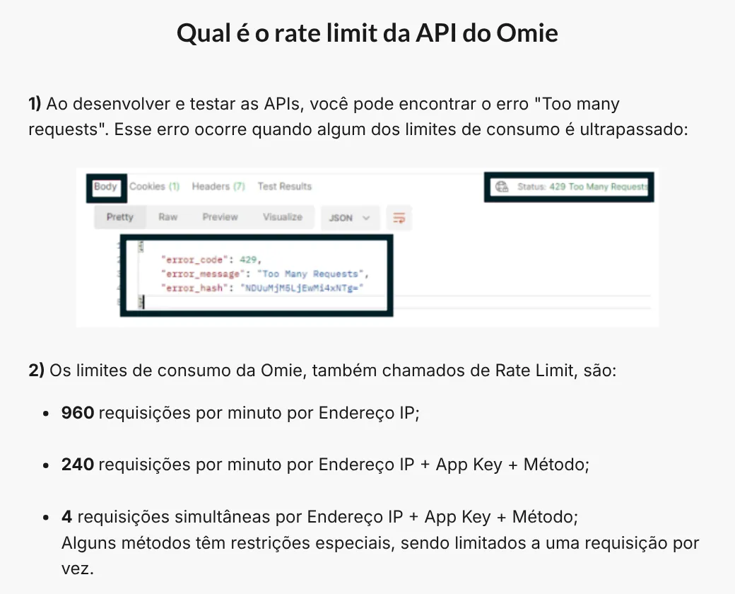 Trecho do artigo Limites de Consumo da API do Omie: exemplo do erro Too many requests e os limites de 960 requisições por minuto por IP, 240 por minuto por IP, App Key e método, e 4 requisições simultâneas por IP, App Key e método.