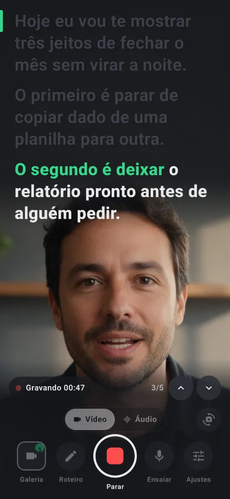 Deixa gravando um vídeo: cronômetro vermelho em 00:47, a fala atual em destaque e o botão de parar no centro dos controles.