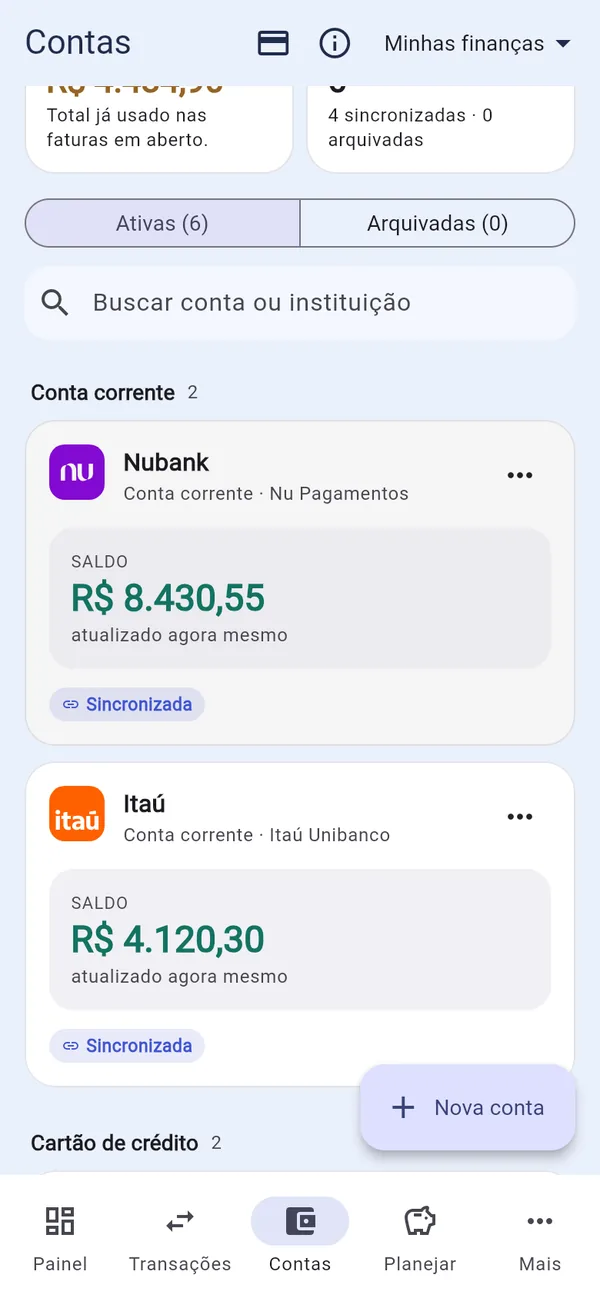 Contas no app do Ecoin para celular: saldo consolidado e contas do Nubank e do Itaú sincronizadas.