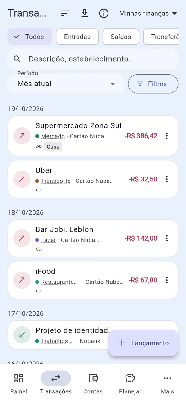 Transações agrupadas por dia no app do Ecoin para celular, com categoria, conta e tags.