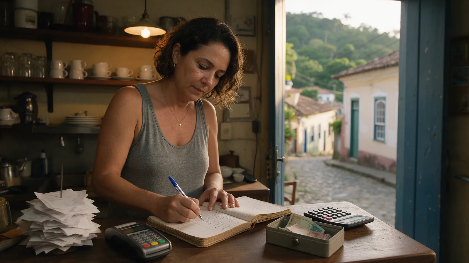 Dona de um café em Santa Teresa anotando o caixa do dia num caderno, com notas fiscais espetadas, maquininha de cartão e calculadora no balcão.