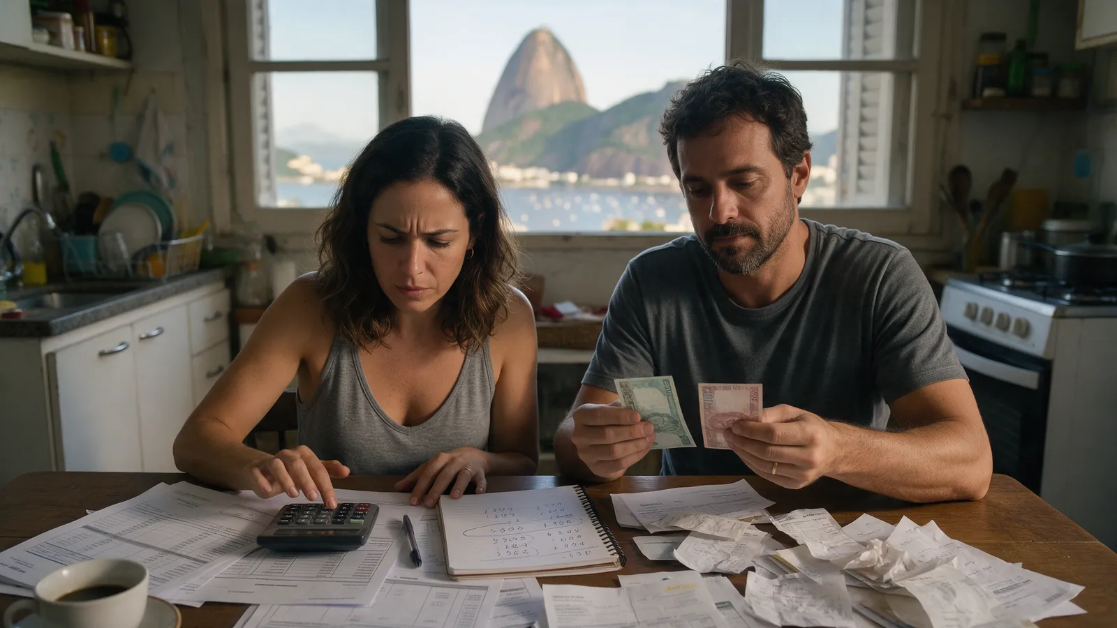 Casal na mesa da cozinha de um apartamento em Botafogo, com o Pão de Açúcar na janela, somando contas numa calculadora entre extratos, boletos e notas fiscais amassadas.