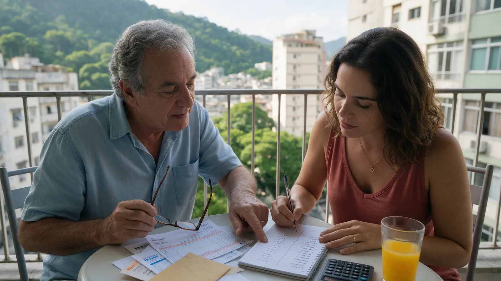 Pai e filha na varanda de um apartamento na Tijuca dividindo as contas da casa, com boletos de luz e água, um caderno com duas colunas e uma calculadora.
