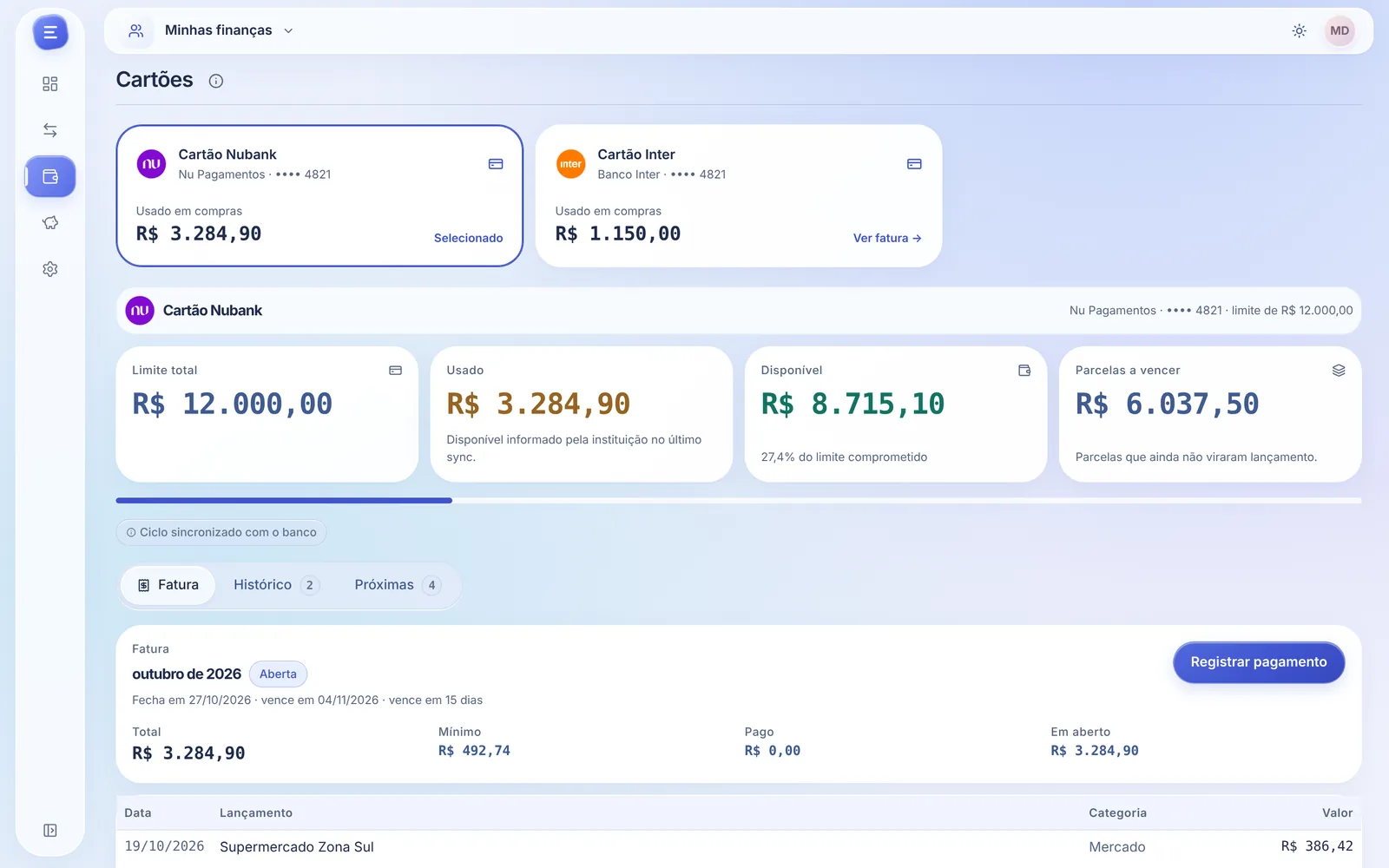 Cartões no Ecoin: limite, valor usado, disponível e parcelas a vencer do cartão Nubank, com a fatura de outubro aberta e o botão para registrar o pagamento.