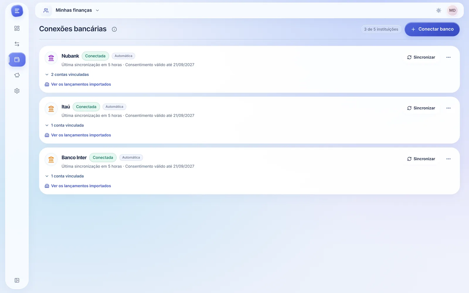 Conexões bancárias do Ecoin pelo Open Finance: Nubank, Itaú e Banco Inter conectados, com sincronização automática e validade do consentimento.