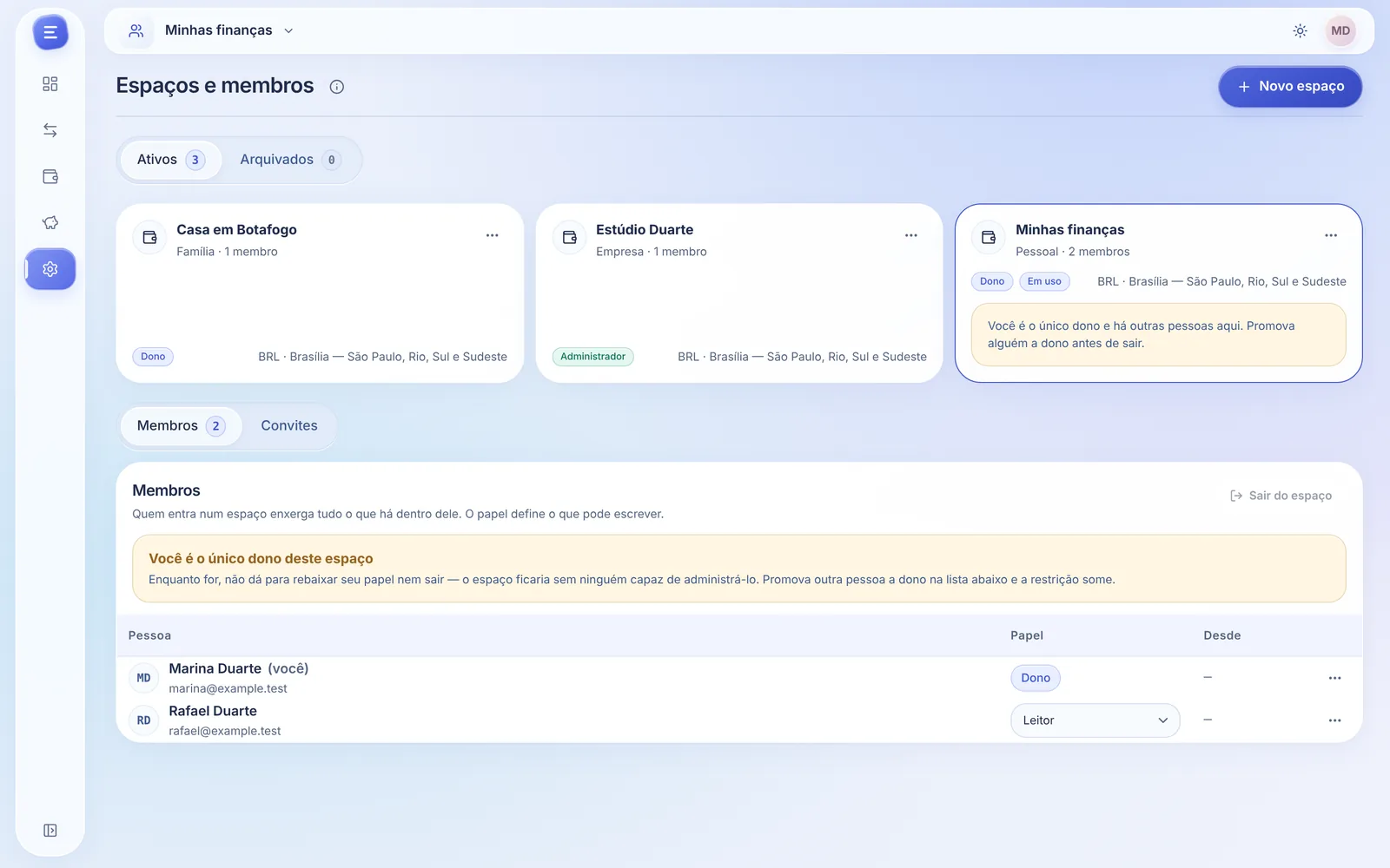 Espaços e membros no Ecoin: Minhas finanças, Casa em Botafogo e Estúdio Duarte, com a lista de membros e o papel de cada um.
