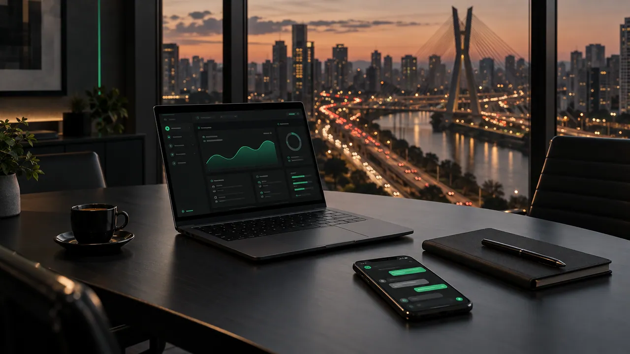 Mesa de reunião junto à janela com vista de São Paulo ao entardecer, a Marginal Pinheiros iluminada e a Ponte Estaiada ao fundo; sobre a mesa, notebook aberto com um painel escuro, celular com uma conversa de mensagens em balões verdes, caderno com caneta e uma xícara de café.