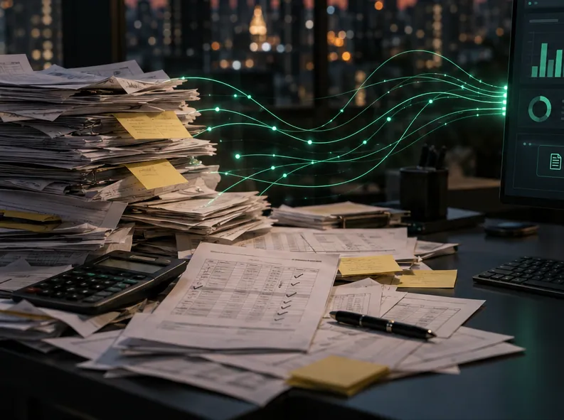 Pilha de notas e planilhas impressas com post-its, uma calculadora e uma caneta sobre a mesa; linhas de luz verde saem do papel em direção a um monitor