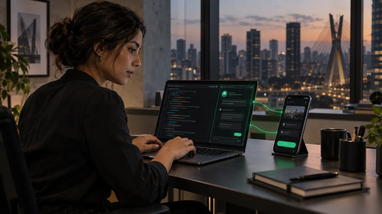 Profissional digita num notebook com editor de código à esquerda e painel de assistente de IA à direita, enquanto um celular apoiado ao lado mostra a pré-visualização do aplicativo; linhas verdes ligam a tela do notebook ao celular, com São Paulo ao entardecer pela janela.