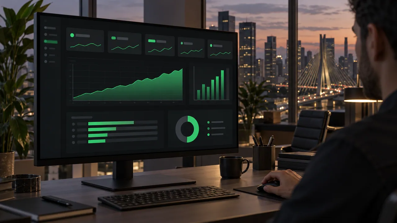 Vista por cima do ombro de um profissional com a mão no mouse diante de um monitor com painel de indicadores em modo escuro: cartões com minigráficos, gráfico de área subindo, barras e rosca em verde, com a Ponte Estaiada iluminada ao fundo.