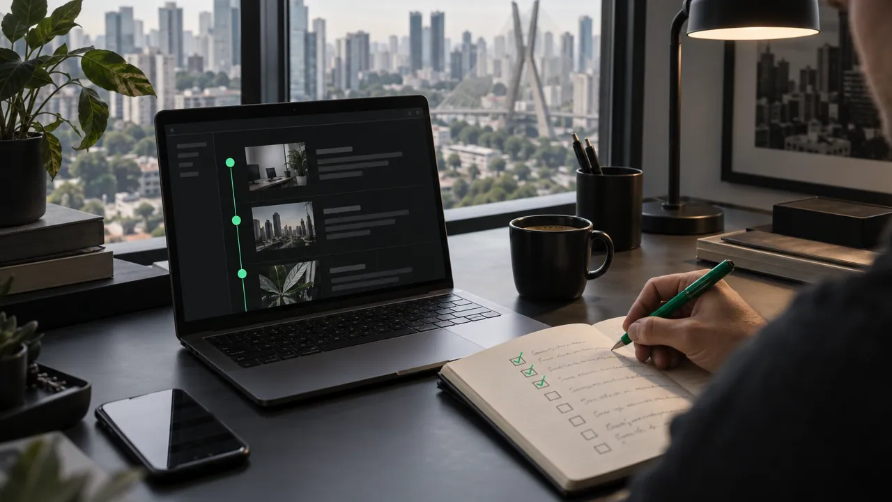 Mesa de estudo com notebook mostrando um guia passo a passo em tela escura, com etapas marcadas por pontos verdes ligados por uma linha, e ao lado um caderno aberto onde uma mão marca itens de um checklist com caneta verde.