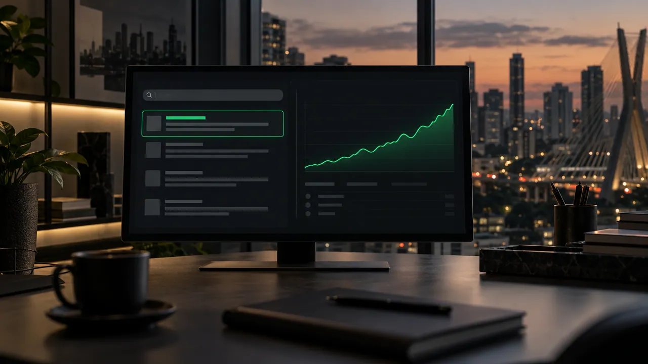 Monitor dividido em dois painéis escuros: à esquerda, uma página de resultados de busca genérica com o primeiro resultado contornado em verde; à direita, um gráfico de visitas subindo em verde; em primeiro plano, caderno e xícara de café, com São Paulo ao entardecer ao fundo.