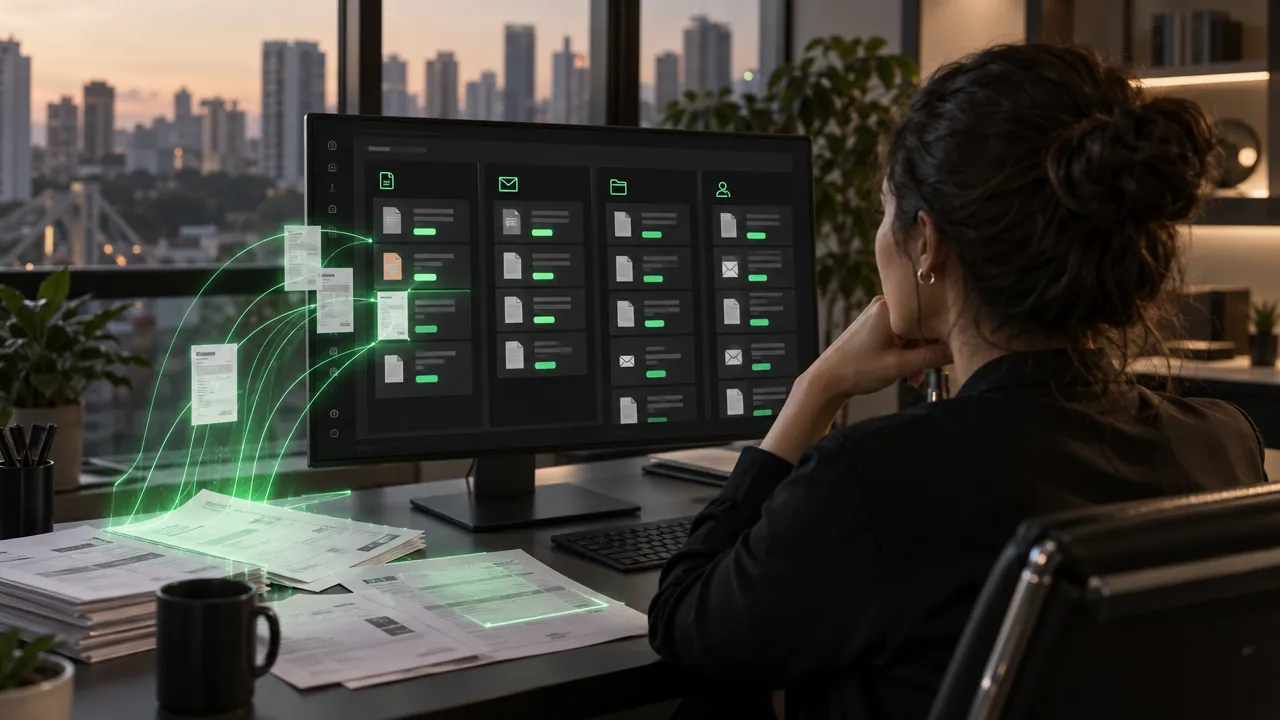 Profissional vista de costas diante de um monitor onde um assistente de IA organiza documentos e e-mails em colunas por categoria com destaques verdes; ao lado, papéis sobre a mesa brilham em verde e viram cartões digitais que sobem para a tela.