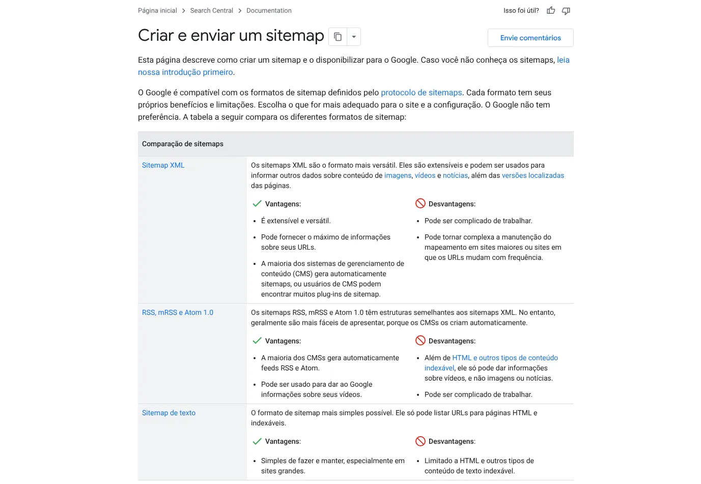 Página Criar e enviar um sitemap da documentação do Google Search Central, em português, com a tabela que compara sitemap XML, RSS e sitemap de texto.
