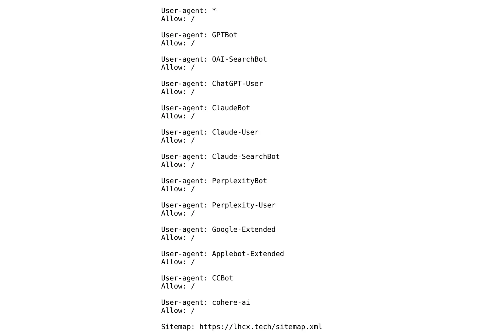 Arquivo robots.txt do site lhcx.tech, liberando todos os robôs, inclusive os de busca e de IA, e indicando o endereço do sitemap.