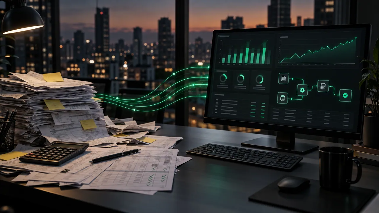 Mesa de escritório ao entardecer: à esquerda, uma pilha de notas, planilhas impressas, post-its e calculadora; linhas de luz verde saem do papel e chegam a um monitor com um painel de indicadores e um fluxo automatizado