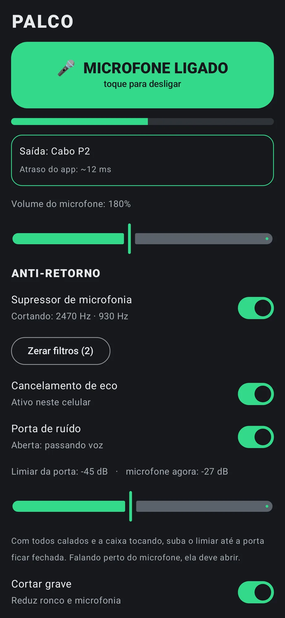 Supressor de microfonia do Palco cortando 2470 Hz e 930 Hz, com o botão Zerar filtros.
