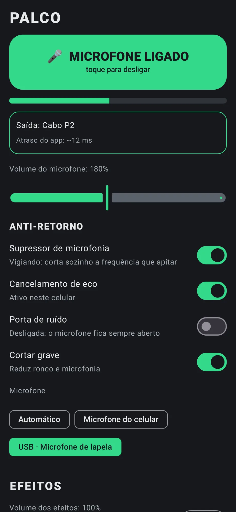 Escolha do microfone no Palco: automático, microfone do celular ou microfone USB.